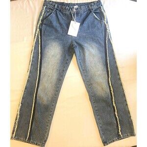 Elfric Eden Stripe Whiskering Mens Baggy Barrel Jeans 36 Unisex Streetwear Y2K